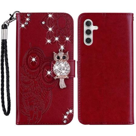 For Samsung Galaxy A14 5g Rhinestone Decor Scratch Resistant Phone Cover, Imprinting Owl Flower Pattern Stand Wallet Leather Case Red