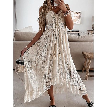 Sommar Boho Långa Klänningar Kvinnor Spets V-hals Spaghetti Rem Klänning Dam Off Shoulder Strandklänning Vit Klänning Vestidos De Mujer