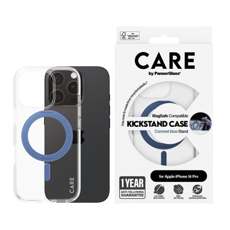 CARE by Panzer Feature Case Transparent w. Blue Kickstand & MagSafe iPhone 16 Pro PanzerGlass - High quality tempered glass screen protector