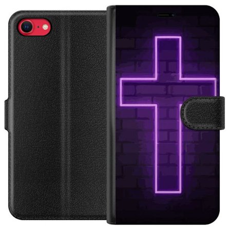 Yhteensopiva Lompakkokotelo Apple Apple iPhone 7 Neonristi purppuranvalossa tummaa tiiliseinää vasten, symbolinen motiivi vahvalla hohto moderni est