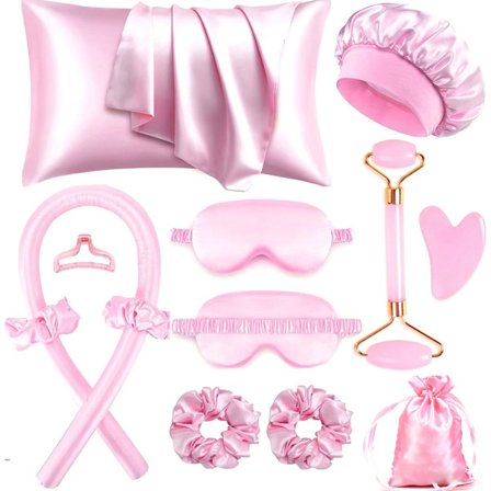 Hår Curlers - 12 Stk - Varmefrit Krøllejern - Varme frie Krøller - Krøller uden Varme - Inkluderer Hårklemme og Satin Sleep Cap (Pink)