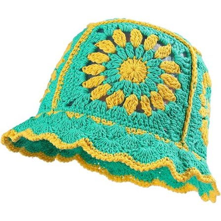 Boho Heklet Bøttehatt for Kvinner Blomster Håndlaget Beanies Hatt DXGHC