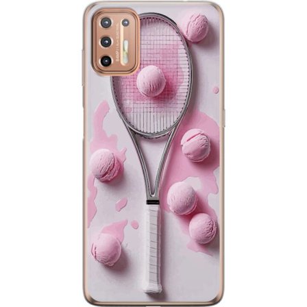 Kompatibel Mobilcover til Motorola Motorola Moto G9 Plus Rosa glaskugler og tennisketsjer i et kreativt stillbillede med legende popfølelse og modern