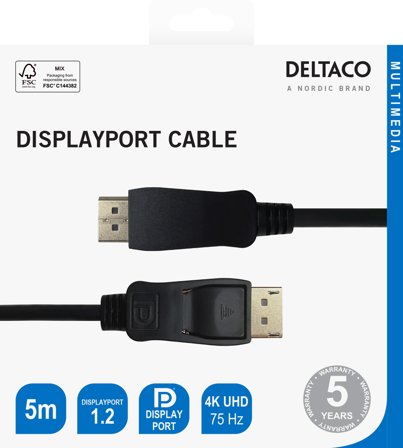 Deltaco DisplayPort cable, 4K UHD, 21.6 Gb/s, 5m, black