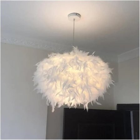 Valkoinen höyhentakavalaisin E27 – koristeellinen kattokruunu Ø45 cm, max 40W, tyylikäs riippuvalaisin olohuoneeseen ja makuuhuoneeseen