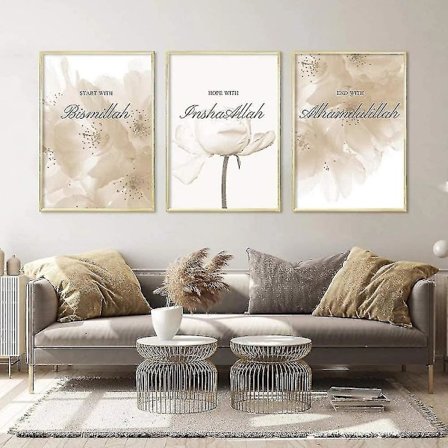 Set med 3 Islamiska Målningar Gyllene Kalligrafi Blommor Affischer Moderna 30x40cm Canvas Citat Affischer Utan Ram