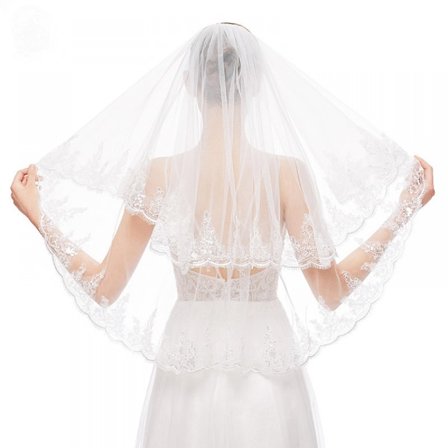 Brude Slør til Kvinder med Sequin-kant, Fingertip Længde, To-lags/2T Blonde Brude Slør Hår Tilbehør Tulle Slør