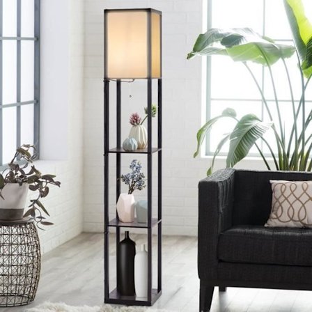 COSTWAY Olohuoneen lattiavalaisin 3 puisella säilytyshyllyllä 26 x 26 x 160 cm Scandinavian Design seisomavalaisin makuuhuoneeseen 60W