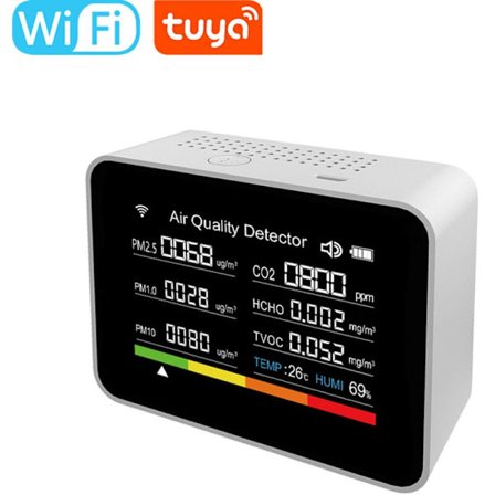 Älykäs ilmanlaatumittari TUYA WIFI 13 in 1 CO2-ilmaisin CO2/TVOC/HCHO/PM2.5/PM1.0/PM10/Lämpötila/KOSTEUS/TUNNINAIKA/PÄIVÄMÄÄRÄ/HÄLYTYS/AIKA/KRONOMETRI