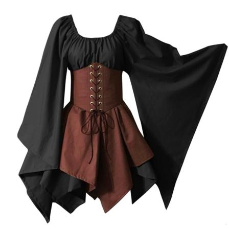 Kvinnors traditionella irländska klänning renässans medeltida dräkt Korsett med utslagsärm Halloween kort klänning Khaki black L