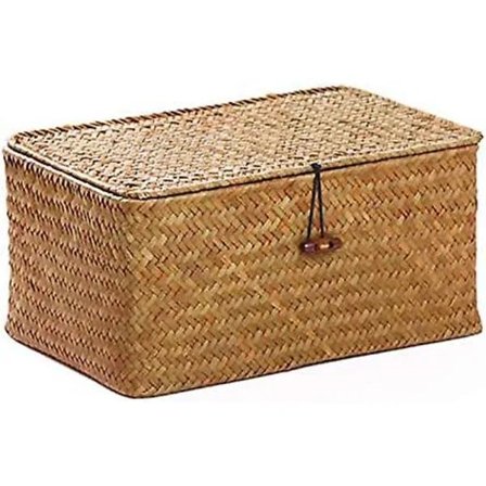 {PL}Rattan oppbevaringskurv i sjøgress med lokk Naturlig materiale (Liten)