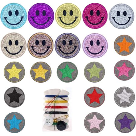 Børne Stryge-på-lapper, Stryge-på-tøj Etiketter, Smiley 20 Styk Stryge-på-tøjlapper, Jeans Stjerne Sylapper til Børn og Voksne Tøj (mørk)