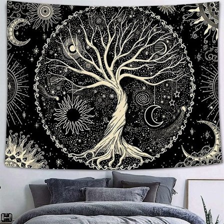 (150 x 130cm) Gobeläng Livets träd Gobeläng Träd Svart Vit Vägg Gobeläng Sol Väggdekoration Psykedelisk Tapis Gotisk Gobeläng Väggdekoration