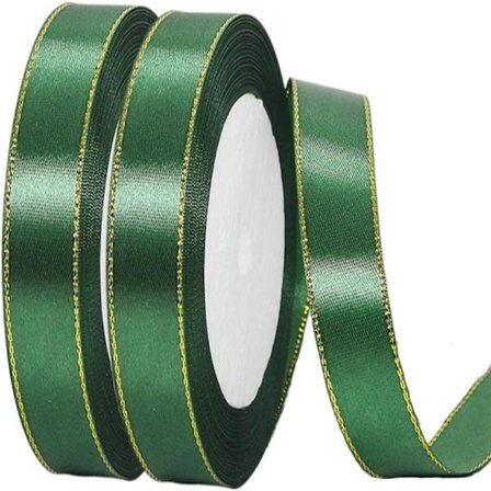2 Ruller 20mmx22m Grønt Bånd med Gylden Kant, Jul Dobbeltsidig Satinbånd Rulle til Håndværk DIY, Julebånd til Gaveindpakning