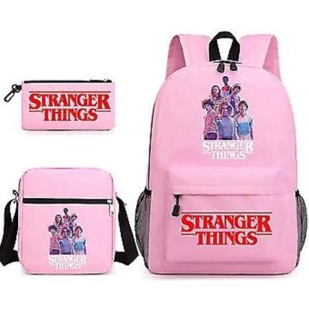 Stranger Things Ryggsäck Tre-delad Set Student Skolväska Canvasväska Y (Rosa)