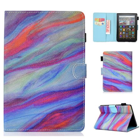 Folio Flip Tabletställ Skyddsfodral i sytt PU-läder med korthållare för Amazon Kindle Youth Edition 2022 (Flerfärgad, Färgglatt marmormönster)