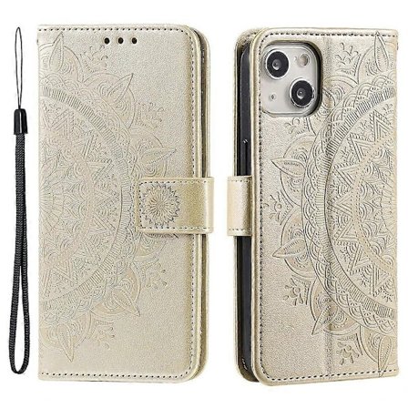 Kompatibel med iPhone 15 PU Læder Støtteben Etui Mandala Blomsterprint Pung Mobilcover med Rem - Rose-lingling Multicolor Gold-Glad