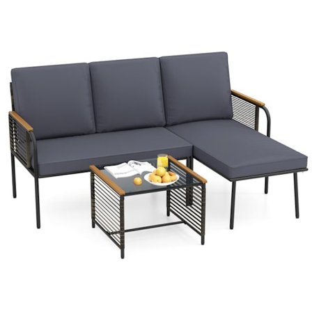 COSTWAY Ensemble 3 PCS L-formet Udendørs Indendørs Bord og Sofa, Glasplade, Aftagelige Puder, til Have Terrasse