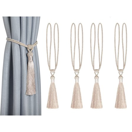 Sett med 4 gardinholdere tau flettet polyester bomullsvev draperiholdere med dusk dekorativt gardintilbehør, beige