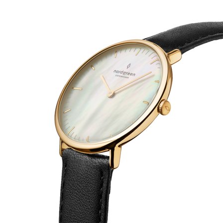 Nordgreen Scandinavian small classic women's watch - Gold Case - Black Dial - 28mm Black Vegan Leather Watch Band Native White Dial