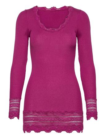 Silk T-Shirt Medium Ls W/Wide Lace T-shirts & Tops Long-sleeved Rosa Rosemunde