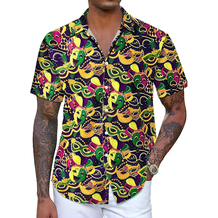 2025 Senaste Modell Herr Hawaiian Bowling Skjortor för Mardi Gras och St Patricks Day Kortärmad Knäppning Holiday Grafisk Skjorta