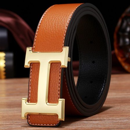 Ny business casual herrebelte i ekte skinn PU, H-formet flatt spenne med lychee-tekstur