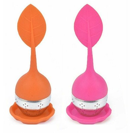 Löst te-sil i rostfritt stål, sil med långt handtag, te-filter i silikonhandtag, orange rosa bollnät köksredskap