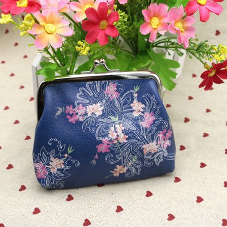 Trykt myntveske Vintage Pouch Buckle Clutch Bag Lommebøker Blå Blomster 12x10cm