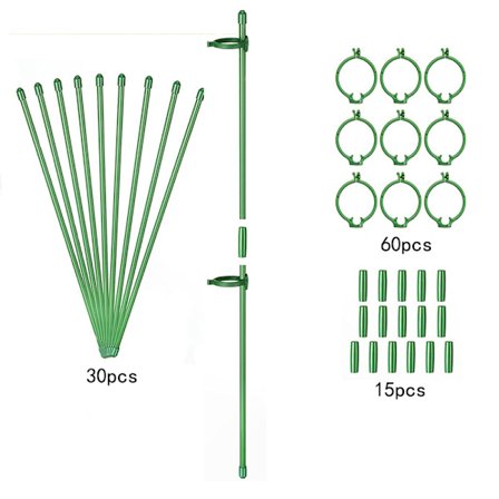30 stk justerbare plantestolper, 30CM utvidbar enkeltstang hagestolpe plantestolpe støtte ringer med 60 klips og 15 slangekobling