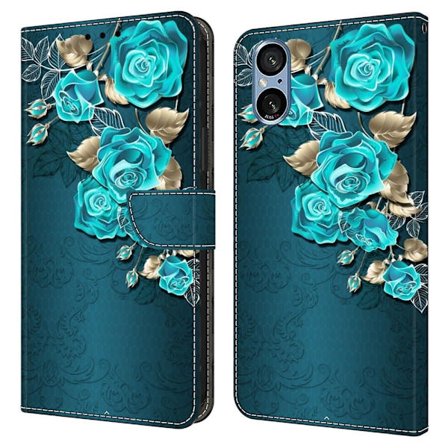 Sony Xperia 5 V Asia Magneettilukko 3D kuvio nahka lompakko puhelimen kansi - Sininen Ruusu