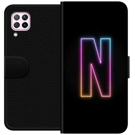 Kompatibel Tegnebogsetui til Huawei Huawei P40 lite Minimalistisk neonbogstav N i farveskiftende lys mod sort baggrund