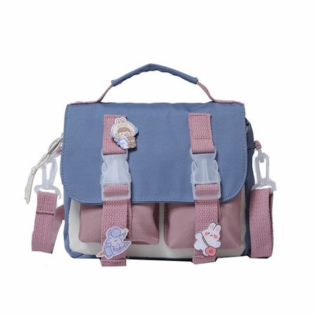Kawaii Skuldertaske med Søde Tilbehørsnåle Kawaii Tote Bag Skole Crossbody Rygsæk Casual Mode (Blå)