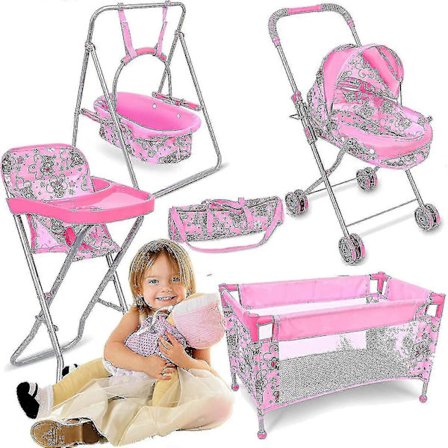 Toy Set Including a Foldable Doll Stroller, Doll Bed, Doll Chair, Rotating Doll Accessories and a 100% Brand New Swing (High Chair Only).