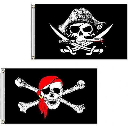 Piratflagga för utomhus- och piratfester (2 st, svart + röd) – max
