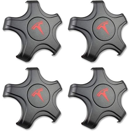 4 stk. Tesla Hjulkapselsæt til Originale Standard Fælge Centerkapsler Navkapsler Dæksel - Tesla Model 3 (Titanium Dyb Grå med Rødt T-logo)