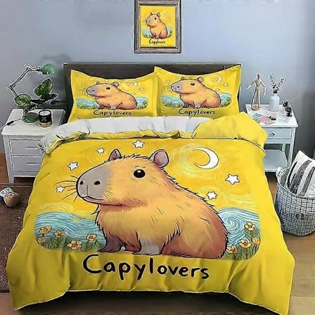 v1290 Sengelinned Sød Tegneserie Capybara Print Sengetøj Sæt Dynebetræk Pudebetræk Voksen og Børn Sengetøj Sæt Julegaver 3-delt