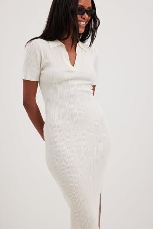 NA-KD Robe mi-longue en maille côtelée à col - Robes Pull - Blanc - Large