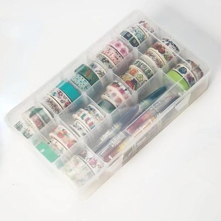 Opbevaringsboks til håndarbejde med 15 rum, gennemsigtig – Kompatibel med Washi-tape, kunstmaterialer og klistermærker