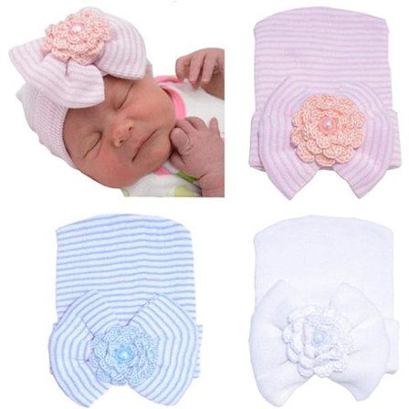 0-3 måneder 3 stk. Nyfødt hospital hat spædbarn baby hat cap med stor