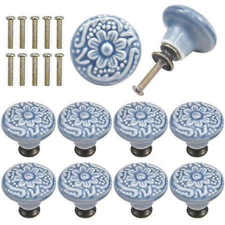10 stk. Keramisk Skuffeknott Vintage Gravering Rundt Skaphåndtak med Skruer - Blå XKV