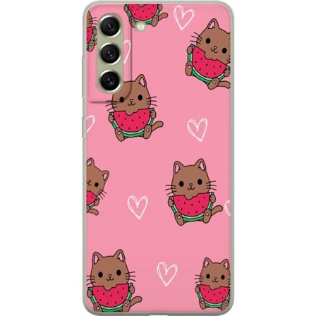 Kompatibelt Mobildeksel til Samsung Galaxy S21 FE 5G Katt med vannmelon på rosa bakgrunn