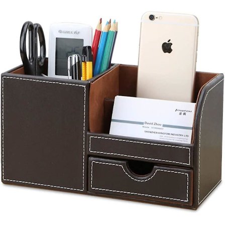 Trästruktur Läder Multifunktionell Skrivbordsorganisatör Förvaringslåda Penna/penna, mobiltelefon, visitkort Fjärrkontrollhållare Med Sm