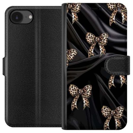 Kompatibel Tegnebogsetui til Apple iPhone 16e Leopardmønstrede bånd på sort silkebaggrund, luksuriøst mønster med glamour, eksklusiv stil og trendy de