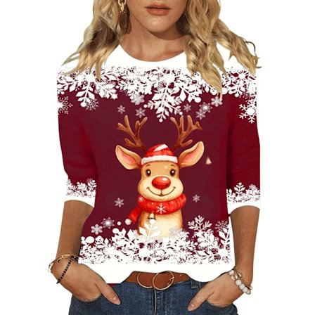 Eksklusiv juleskjorte for kvinner, vinter, trekvart erme, rund hals, T-skjorte topp