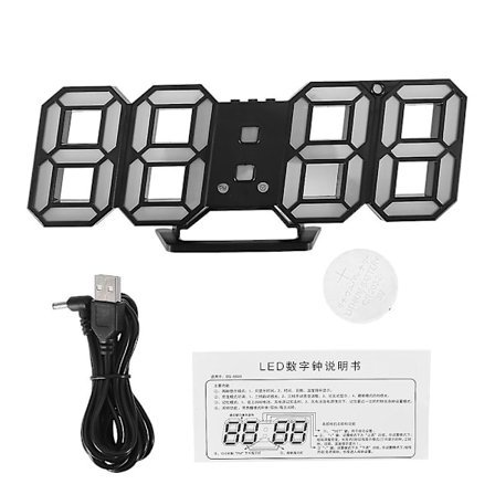 Moderne 3D LED veggklokke, stilig digital bordalarmklokke, nattlyslampe, svart