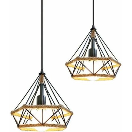 Set med 2 Retro diamantbur designupphängning med hamparep, Modern industriell stil metallkronljus, E27 vintage tak