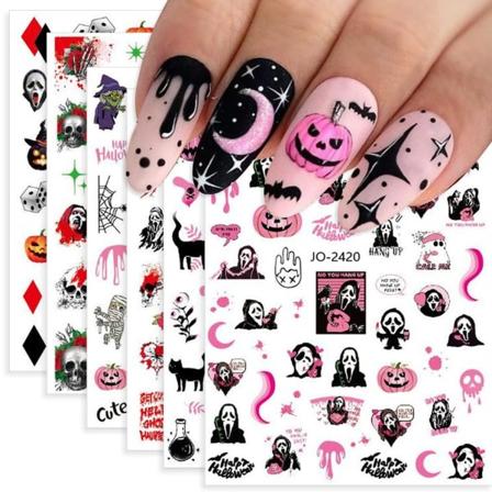 IC Halloween Negledekaler, 6 ark 3D Selvklebende Skaller Spøkelsesredde Uttrykk Spillekort Gresskar (Stil 01)
