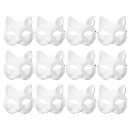 12 Blanke Kattmasker - Maskerade Kostyme Cosplay Maske Barnehage DIY Umalt Kattmaske