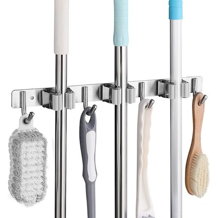 Vægmonteret kosteholder i rustfrit stål, kosteophæng med 3 pladser og 4 kroge til køkken, badeværelse, garage og have, grå